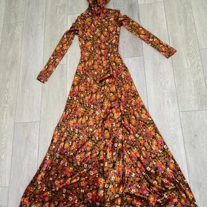 70s vintage boho rare floral Youth Guild maxi long sleeve high neck velvet dress